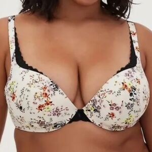 Floral Underwire Push-Up Bra in White with Black Trim